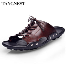 Tangnest Men Lace UP Sandals Retro PU Leather Slippers Men Casual Open Toe Beach Shoes Cut-out Sandals Size 38~44 XMT18