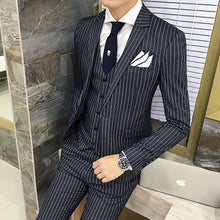 High Quality Men's Stripe Suit Set Blazer+Vest+Pants Groom Black Navy Pocket Designer Man Wedding Suit Set