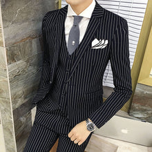 High Quality Men's Stripe Suit Set Blazer+Vest+Pants Groom Black Navy Pocket Designer Man Wedding Suit Set
