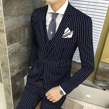 High Quality Men's Stripe Suit Set Blazer+Vest+Pants Groom Black Navy Pocket Designer Man Wedding Suit Set