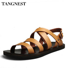 Tangnest Summer Beach Man Sandals Split Leather Buckle Strap Solid Man Slippers Fashion Leisure Breathable Men Shoes  XMR1917