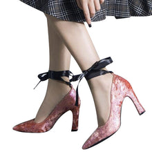 HEE GRAND Women Thick Heel Pumps Ribbon Tie Flock Vamp Elegant Lady's Heel Style Women Fashion Shoes size 34-49 WXG494