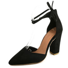 HEE GRAND 2018 New Women Thick Heel Summer Shoes Pointed Toe Cross-tied Ankle Lace Flock Vamp Lady's Mujer Fashion Pumps XWZ4925