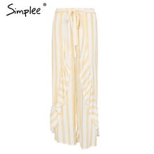 Simplee Stripe split wide leg pants women bottom Sash ruffle high waist trousers Summer beach casual pants female 2018