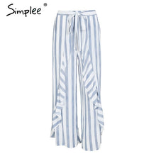 Simplee Stripe split wide leg pants women bottom Sash ruffle high waist trousers Summer beach casual pants female 2018