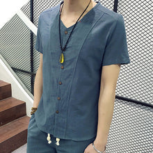 Mens Fashion Linen Shirts V-neck Short Sleeve Summer Breathable Mens Quality Casual Shirts Slim Fit Solid Shirts Men camisa 5XL