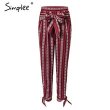 Simplee Striped print harem pants capri High split loose casual pants women bottom Sash summer trousers high waist pants 2018