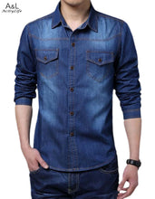 Big Size Men Shirt Denim Large Size XXL Cotton Turn-down Collar Button Pockets Men Jeans Shirts 2018 New Autumn Long Sleeve Blue