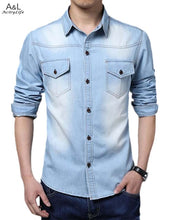 Big Size Men Shirt Denim Large Size XXL Cotton Turn-down Collar Button Pockets Men Jeans Shirts 2018 New Autumn Long Sleeve Blue