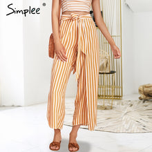 Simplee Stripe Bow sash pants women High waist front split loose trouser  summer wide leg pants 2018